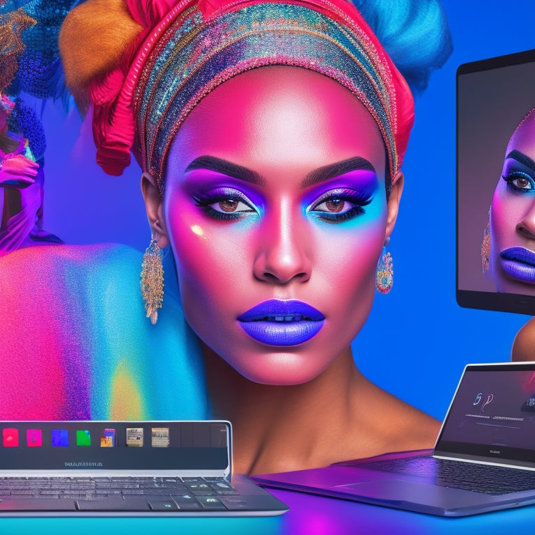 A colorful, high-contrast illustration featuring a dancer's face with vibrant, bold makeup, surrounded by various digital devices (laptop, tablet, smartphone) with screens displaying social media and online platforms.