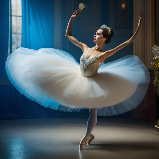 A delicate, slender ballerina in a flowing white tutu stands poised on one leg, a bright blue ribbon wrapped elegantly around her waist, set against a warm, golden-lit studio background.