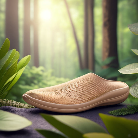 An illustration of a human foot with a subtle, warm glow, showcasing a curved latex insole providing cushioning and support, surrounded by gentle, soothing greenery and soft, feathery textures.