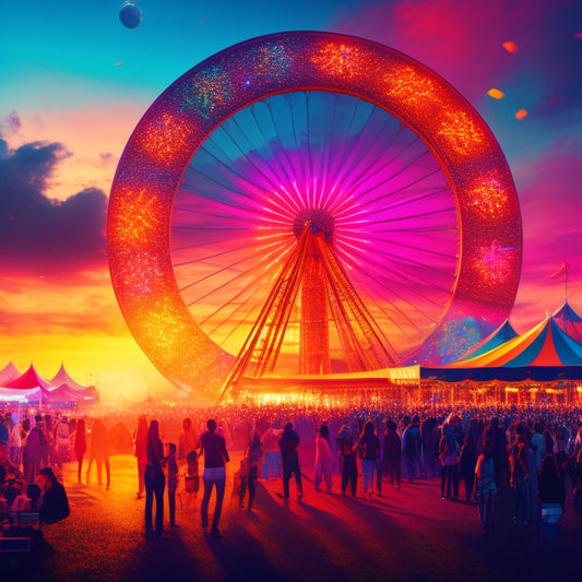 A vibrant illustration of a festival scene at sunset, featuring a colorful Ferris wheel, confetti-filled sky, and silhouettes of people dancing in front of a stage with bright stage lights.