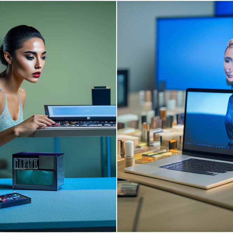 A split-screen image: on the left, a dancer in front of a laptop with a disappointed expression, surrounded by scattered makeup products; on the right, a blurred-out dance studio with a faint image of a teacher instructing students.