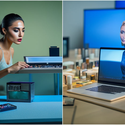 A split-screen image: on the left, a dancer in front of a laptop with a disappointed expression, surrounded by scattered makeup products; on the right, a blurred-out dance studio with a faint image of a teacher instructing students.