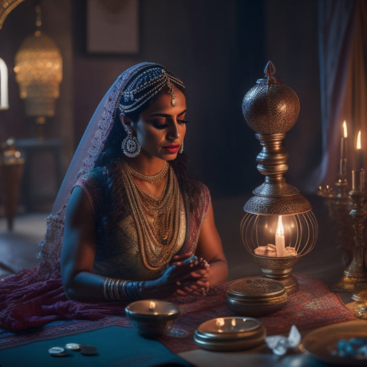 A serene, dimly lit studio with a yoga mat and a few Middle Eastern-inspired props, such as a intricately decorated lantern, a veil, and a few belly dance coins, surrounding a confident, dancing woman.