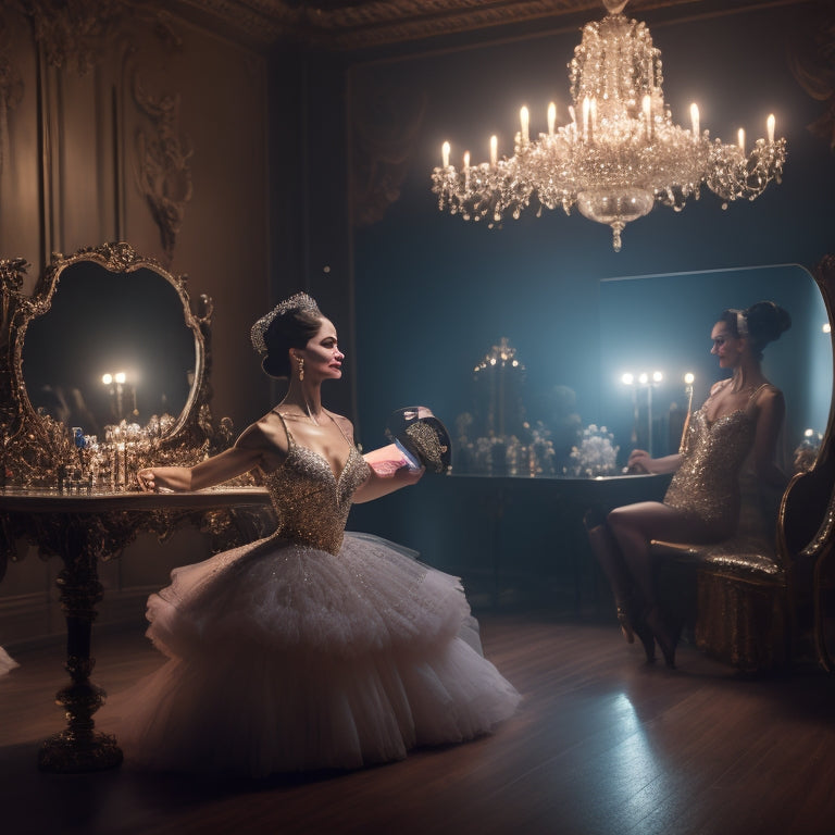 A glamorous, dimly lit dance studio with a large, ornate mirror, a vanity with makeup and brushes, and a dancer in a sparkling costume, sitting with a tablet, surrounded by spotlight beams.