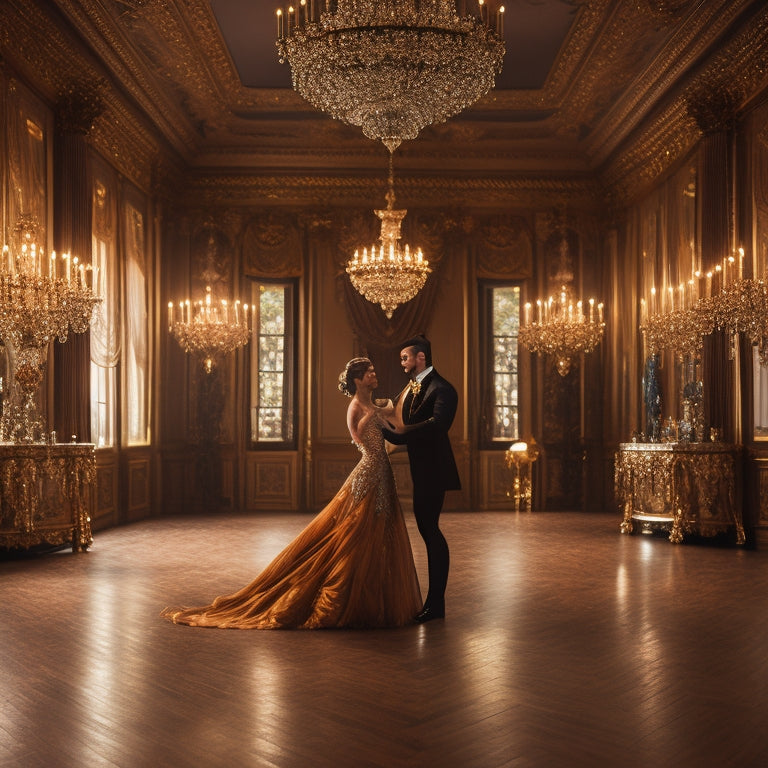 A lavish ballroom with a polished wooden floor, adorned with crystal chandeliers and ornate mirrors, where a lone couple, dressed in formal attire, executes a poised and refined Fourteenstep dance move.