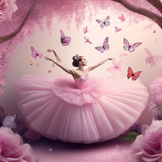 A whimsical illustration of a delicate, pink-tutued ballerina surrounded by swirling ribbons, flowers, and butterflies, set against a soft, gradient pink background with subtle sparkle accents.