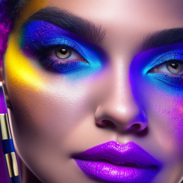 A close-up of a dancer's face, spotlight shining down, with vibrant, bold makeup design, surrounded by scattered makeup brushes, palettes, and mirrors, against a dark, gradient background.