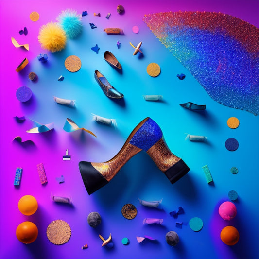 A colorful, minimalist illustration of a dancer's silhouette in the center, surrounded by scattered dance-themed items like ballet shoes, music notes, and confetti, with a subtle calendar pattern in the background.