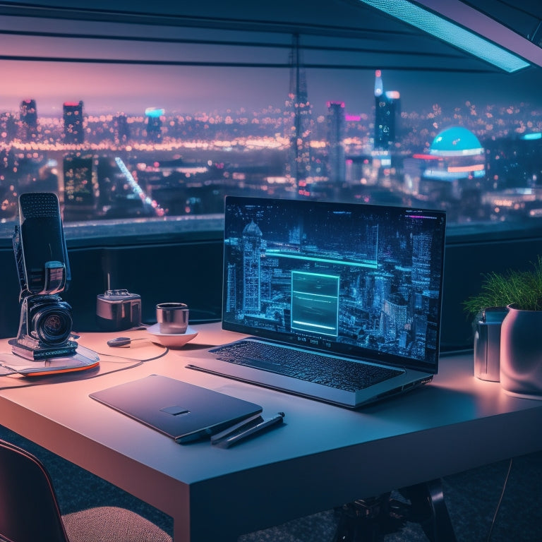 A futuristic, neon-lit workspace with a sleek, silver laptop, surrounded by a 360-degree camera, drone, microphone, and headphones, amidst a blurred cityscape background.