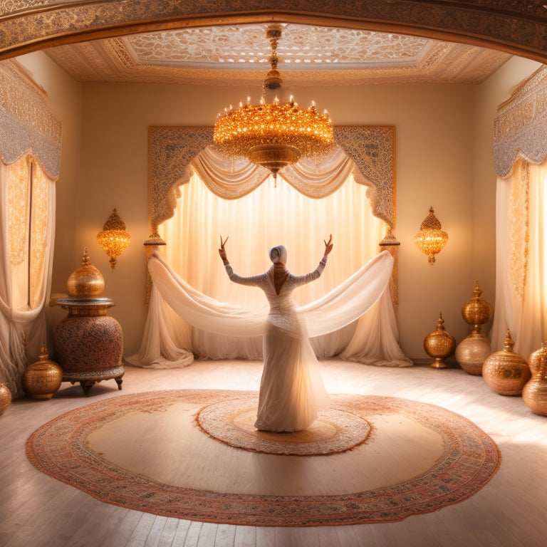 A serene, golden-lit dance studio with intricately patterned Middle Eastern rugs and lanterns, featuring a solo dancer in a flowing white hijab, surrounded by wispy veils, with a subtle Arabic-inspired backdrop.