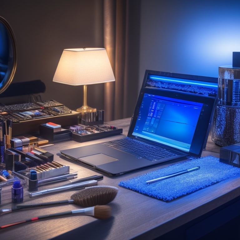 A cluttered makeup station with various digital devices, such as laptops, tablets, and smartphones, surrounded by makeup brushes, palettes, and mirrors, with a dancer's silhouette in the background.