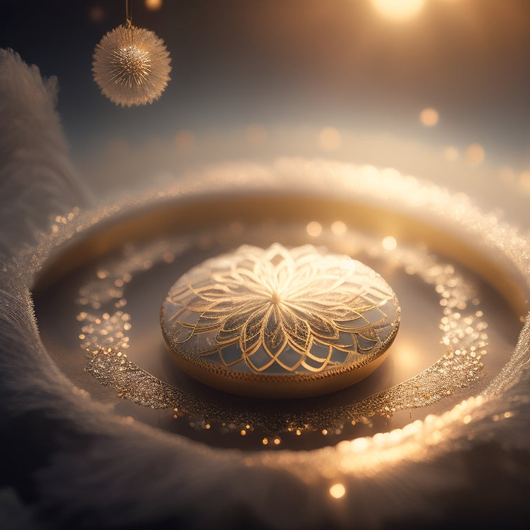 A serene, ethereal background with soft, shimmering golden light, surrounded by delicate, swirling patterns of sacred geometry, adorned with subtle, glowing halos and gentle, feathery wisps of divine energy.