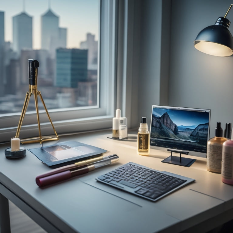 A sleek, modern desk with a laptop, a certificate on a nearby easel, and a makeup brush lying across a color palette, surrounded by scattered makeup products and a subtle cityscape background.