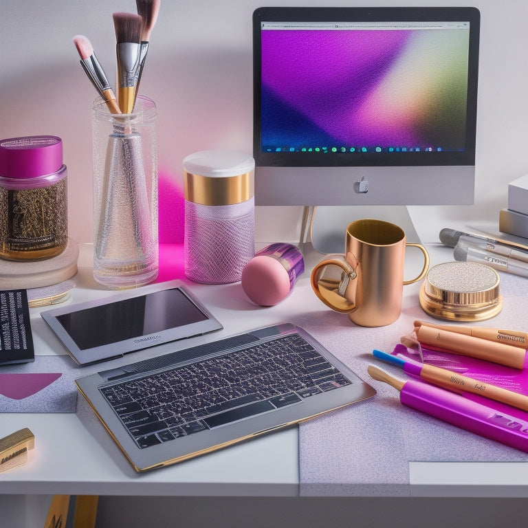 A colorful, clutter-free desk with a laptop, a few makeup brushes, and a printed makeup planning worksheet featuring checkboxes, grids, and illustrations of various makeup products.