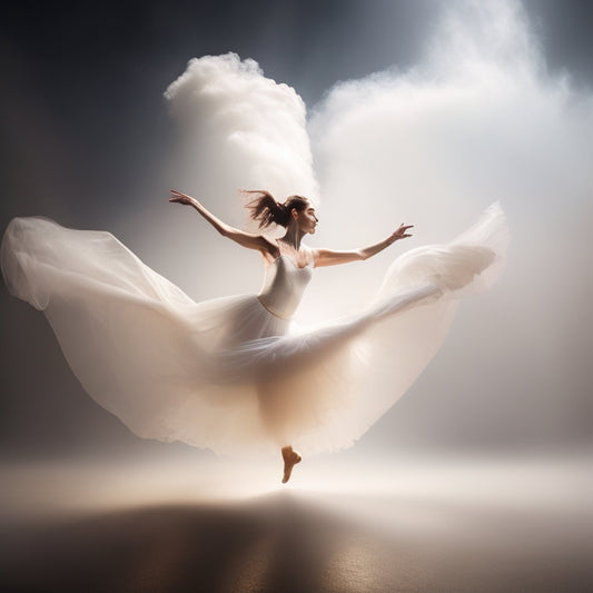 A serene, dimly lit studio with a lone dancer in the center, surrounded by swirling mist, with arms outstretched and legs bent in a fluid, dynamic pose, evoking freedom and expression.