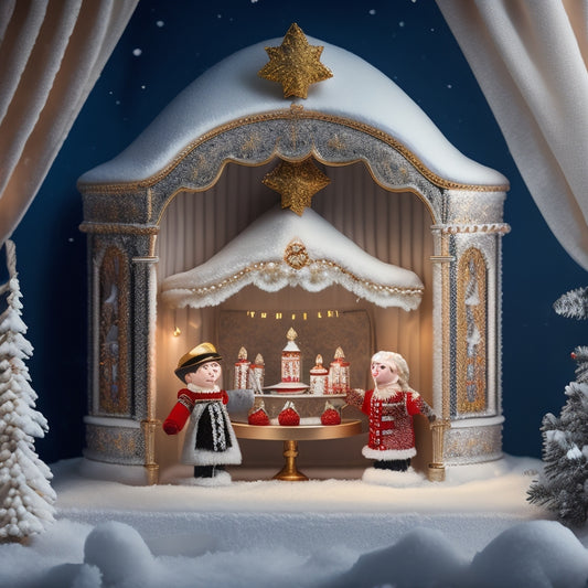 A whimsical illustration of a miniature puppet theater, adorned with festive holly and candles, showcasing a nutcracker prince and ballerina puppets amidst a snowy winter wonderland backdrop.