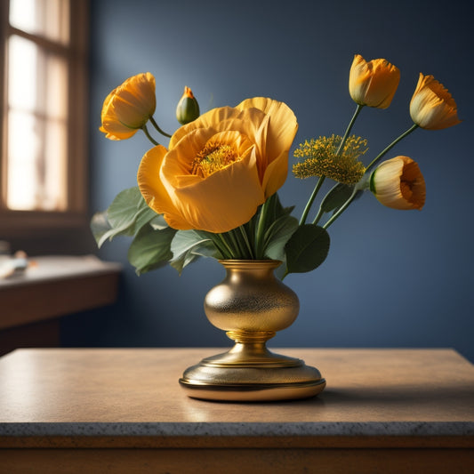 A golden trophy or plaque with a ballet shoe or dance-inspired design element, placed on a dark wooden or marble table, surrounded by subtle California poppy flowers and a hint of a sunny backdrop.