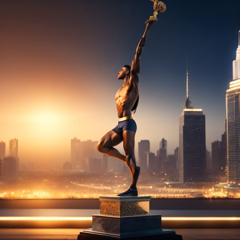 A dynamic illustration featuring a confident dancer standing on a podium, surrounded by trophies and medals, with a subtle cityscape or stage lights in the blurred background, conveying a sense of victory and achievement.