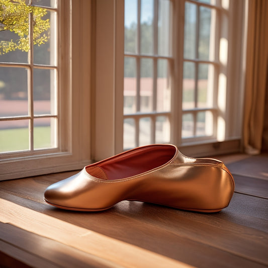 A close-up of soft, supple leather dance shoes resting on a polished wooden floor, with gentle sunlight filtering through a studio window, highlighting the elegant curves and stitching of the shoes, evoking ultimate comfort.