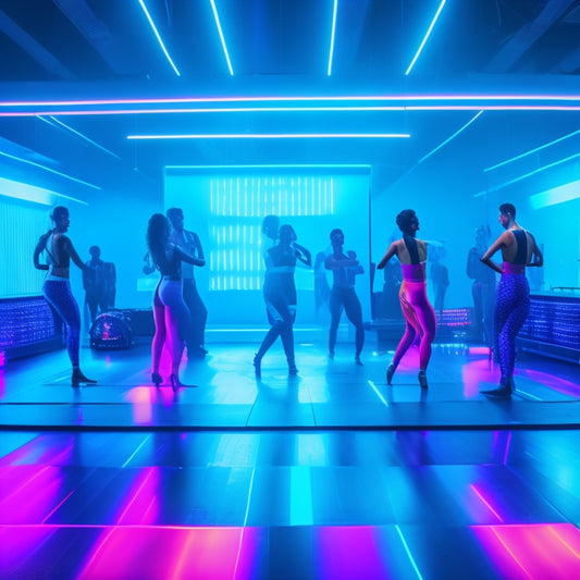 A futuristic dance studio with neon lights, a large screen displaying a dance instructor, and a group of dancers in various poses, surrounded by laptops and smartphones.