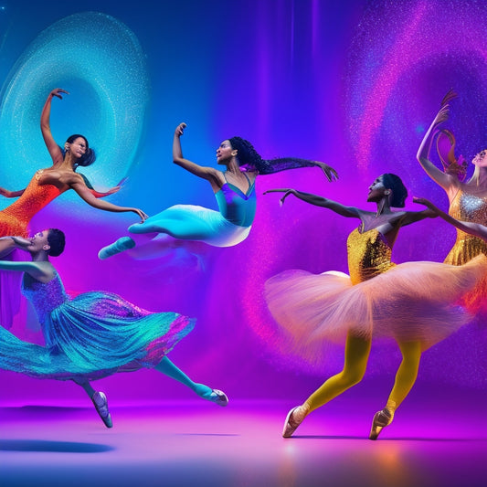 A colorful, dynamic illustration featuring a diverse group of dancers in various styles (ballet, hip-hop, contemporary, ballroom) frozen in mid-movement, surrounded by swirling lights and abstract shapes.