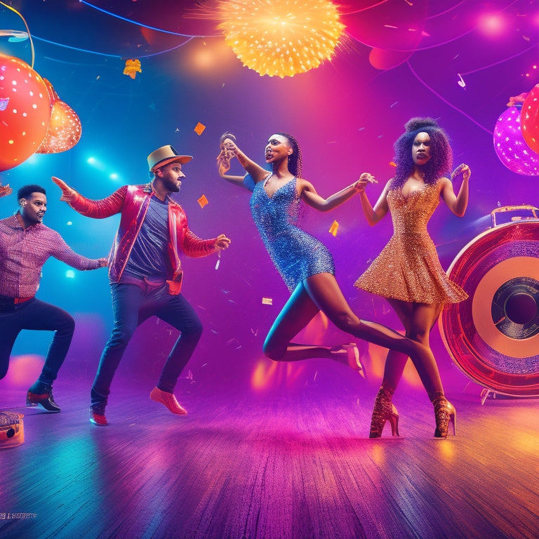 A vibrant illustration of a dynamic dance floor, with swirling spotlights, confetti, and balloons, featuring diverse dancers in various poses, surrounded by music notes, headphones, and vinyl records.