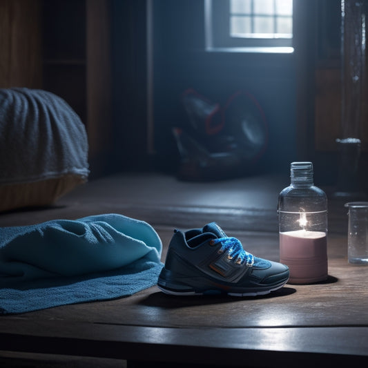A serene, dimly lit room with a single, softly glowing lantern, featuring a worn-out athletic shoe, a half-empty water bottle, and a crumpled-up towel, surrounded by scattered ice packs.