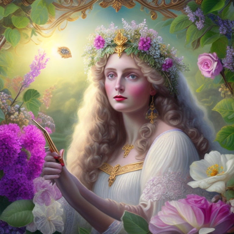 A whimsical illustration of a serene maiden surrounded by vines, flowers, and intricate scrolls, holding a paintbrush and palette, amidst a halo of soft, shimmering light.