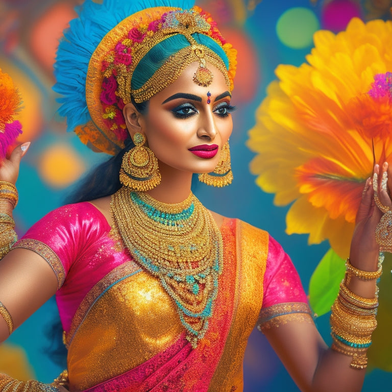 A whimsical illustration of a vibrant Indian dancer, adorned with intricate jewelry and colorful attire, set against a rich, golden-hued background with swirling patterns of marigolds and peacock feathers.