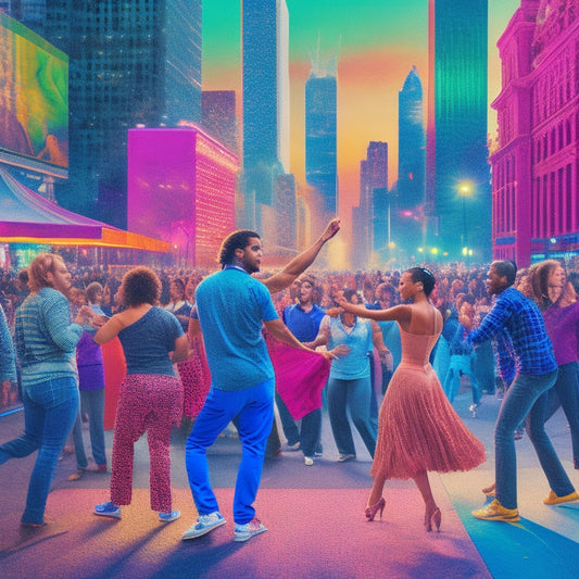 A vibrant illustration of a dynamic teacher surrounded by diverse students engaged in various art forms, including dance, music, and theater, set against a stylized Broadway-inspired cityscape backdrop.