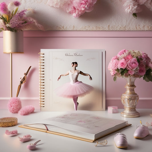 A whimsical illustration of a ballet studio with a giant, open dance planner book as the centerpiece, surrounded by dancing shoes, flowers, and musical notes in soft, pastel colors.