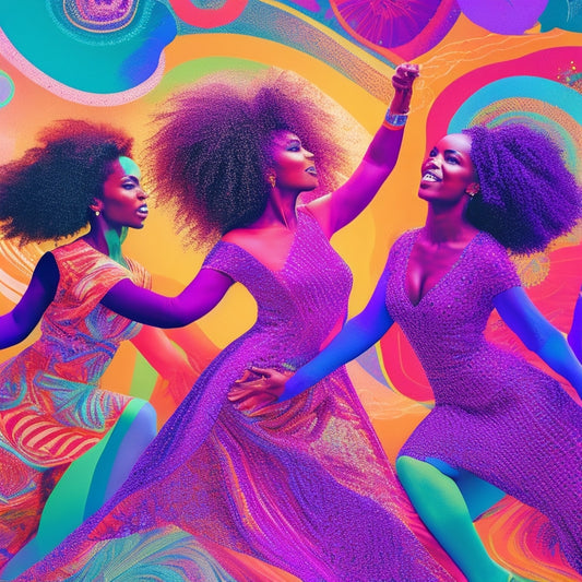 A vibrant illustration featuring a diverse group of confident women dancing together, surrounded by swirling patterns of bright colors, with subtle hints of brain scans and psychology-inspired elements in the background.