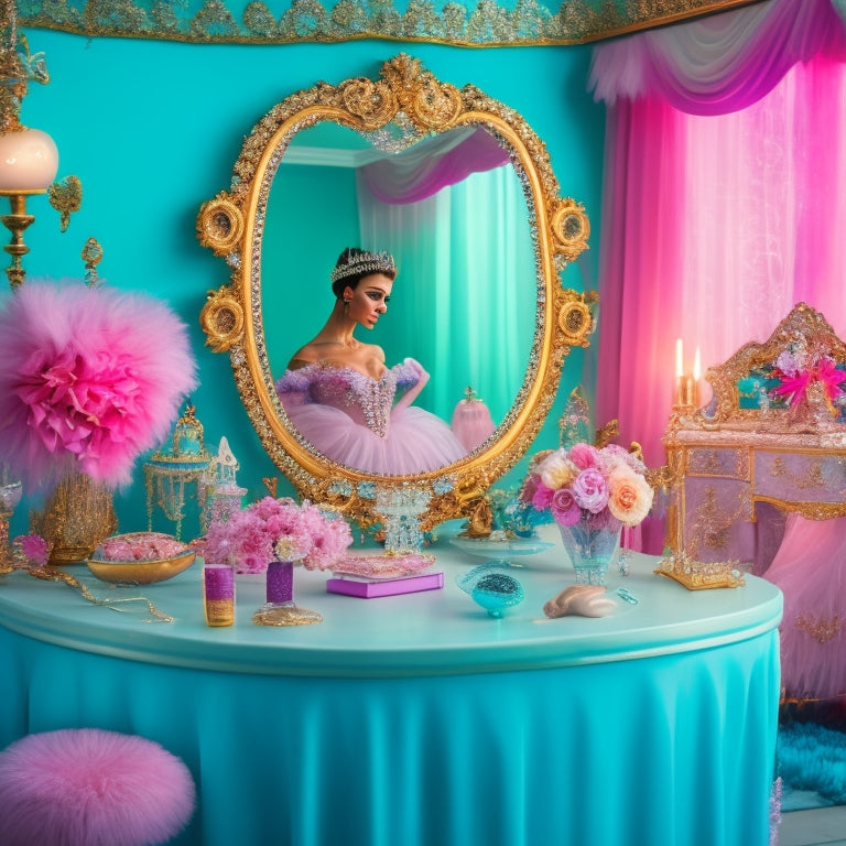 A whimsical, pastel-hued illustration featuring a dancer's vanity cluttered with glittering tiaras, sparkling wands, and flowing boas, surrounded by mirrors, flowers, and soft, shimmering fabrics.