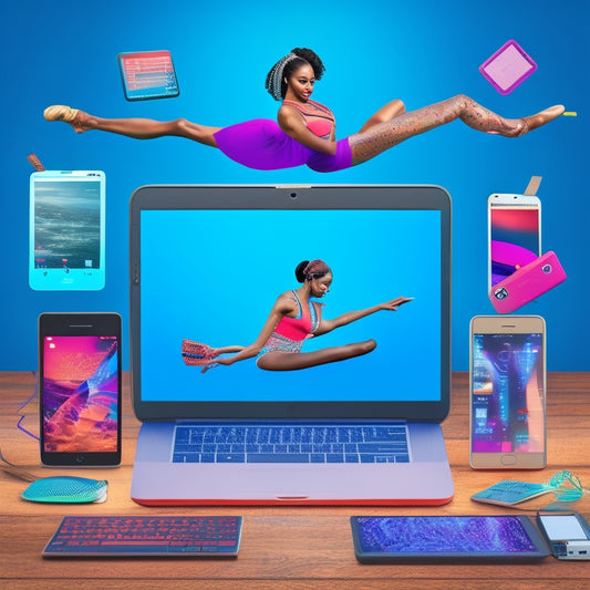 A stylized illustration of a dancer surrounded by digital devices, with laptops, tablets, and smartphones showcasing dance-themed digital products, such as online courses, ebooks, and membership sites.