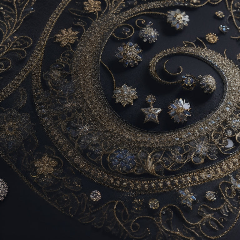 A luxurious, velvety black background adorned with scattered, sparkling rhinestones in various shapes and sizes, surrounded by intricately designed gold vectors and ornate, swirling patterns.