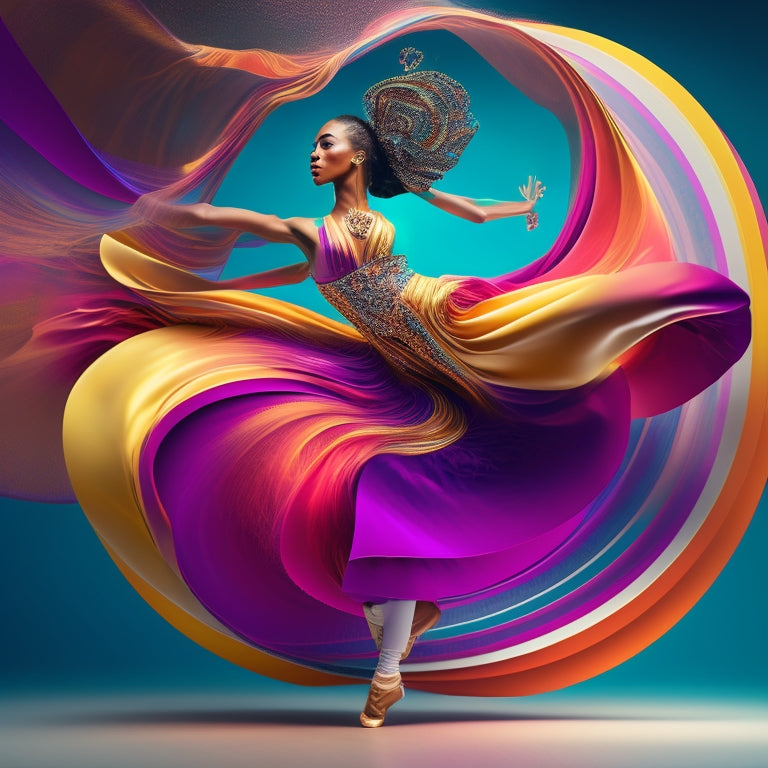 A stylized, abstract illustration of a dancer in motion, surrounded by swirling wind lines and abstract brand elements, such as logos, colors, and patterns, blending together in harmony.