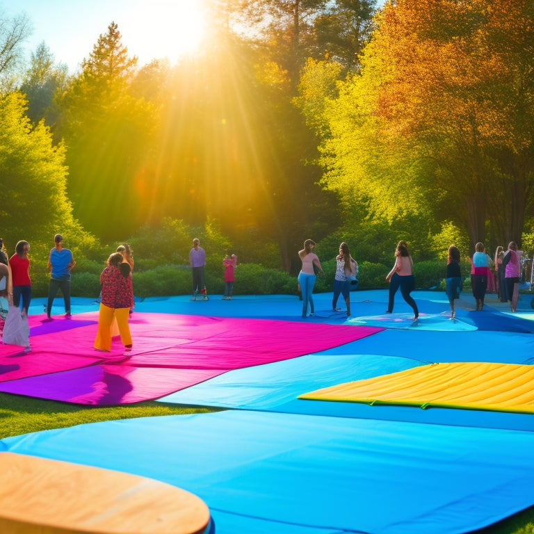 A vibrant scene showcasing various colorful portable dance mats laid out in a sunlit park, surrounded by people of diverse backgrounds dancing joyfully, with trees and a blue sky in the background.