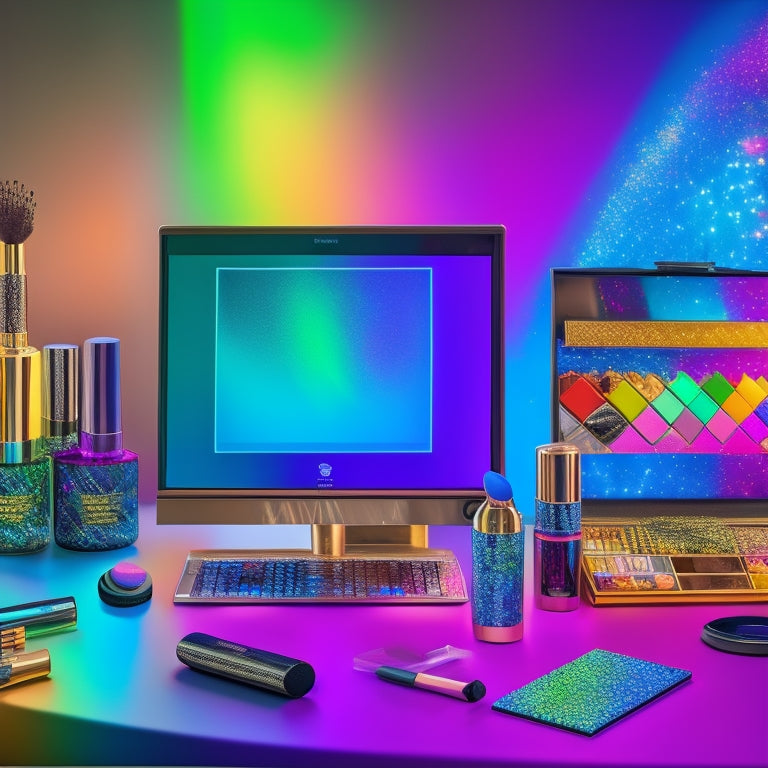 A vibrant, colorful illustration of a makeup station with various beauty products, mirrors, and a laptop displaying a dance makeup tutorial on the screen, surrounded by glittering dance costumes.