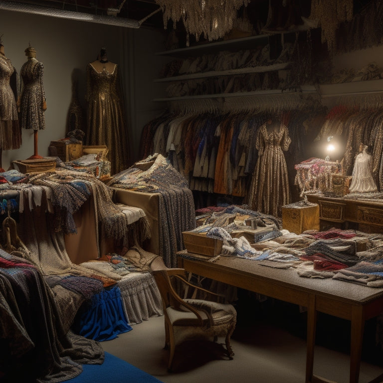 A cluttered, dimly lit sewing room with scattered fabric scraps, threads, and half-finished costumes, surrounded by mannequins, dress forms, and racks of hanging garments, with a central, well-organized desk displaying various templates and patterns.