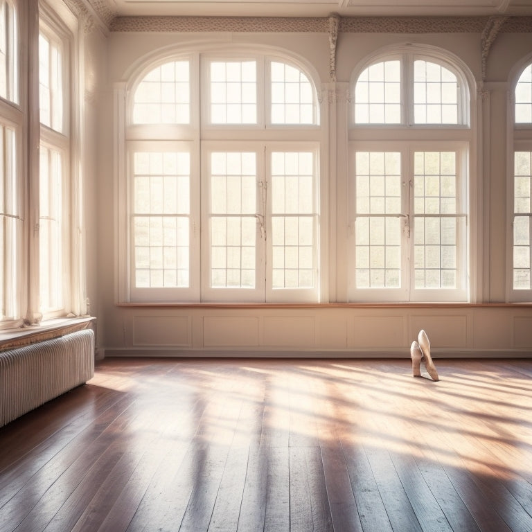 A serene ballet studio with soft leather ballet shoes in various pastel colors neatly arranged on a polished wooden floor, soft sunlight streaming through tall windows, casting delicate shadows, evoking elegance and grace.