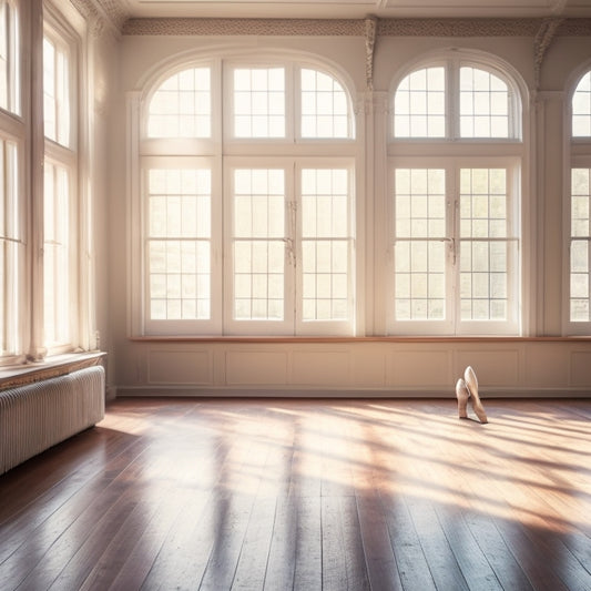 A serene ballet studio with soft leather ballet shoes in various pastel colors neatly arranged on a polished wooden floor, soft sunlight streaming through tall windows, casting delicate shadows, evoking elegance and grace.