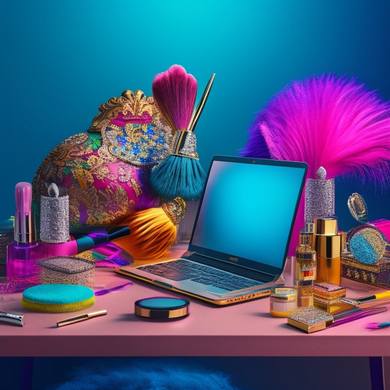 A colorful, whimsical illustration of a makeup artist's vanity with a laptop, surrounded by brushes, palettes, and beauty products, with a subtle dance-inspired backdrop featuring feathers, sequins, and glitter.