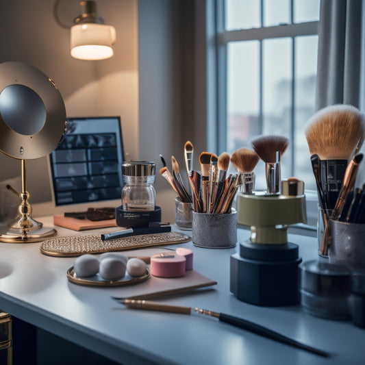 A busy makeup artist's workstation with a tidy layout, organized brushes, a timer, and a clock in the background, surrounded by minimal yet elegant decorative elements in a calming color palette.