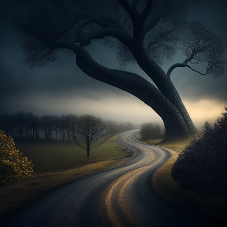 A whimsical illustration featuring a winding, twisted road resembling a waltz rhythm, surrounded by dark, ominous trees with glowing eyes, and a lone, faint figure in the distance, shrouded in mist.