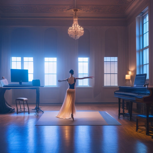 A serene, dimly lit dance studio with a lone dancer in the center, surrounded by mirrors, practicing a perfect arabesque en pointe, with a laptop open in the corner, displaying a paused online class.