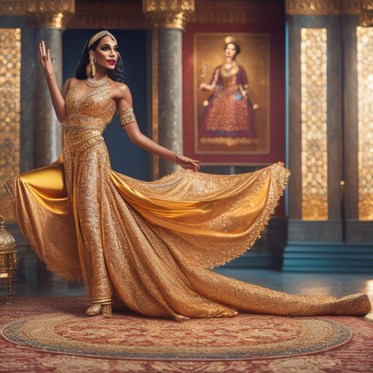 A glamorous Middle Eastern-inspired backdrop with intricate patterns and golden accents, featuring a confident Seyyide, dressed in a dazzling costume, striking a pose with one leg extended and arms outstretched.