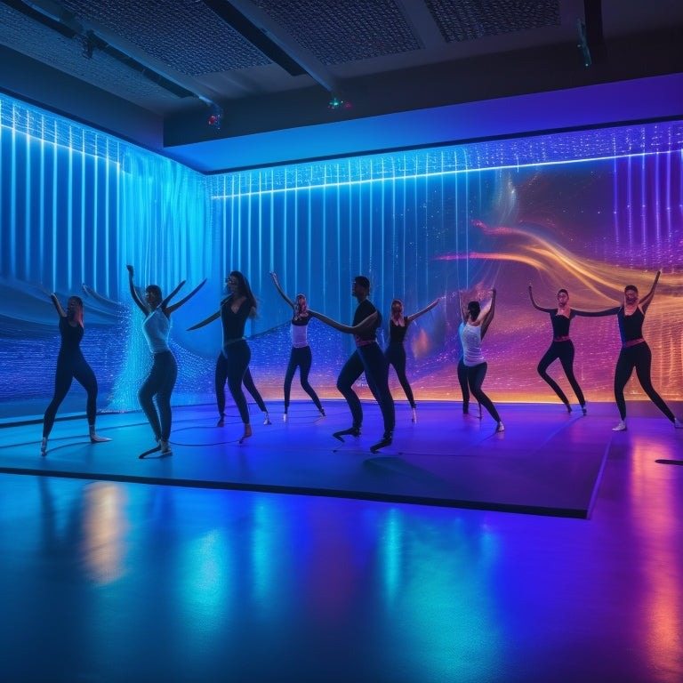 A vibrant, futuristic dance studio with a massive screen displaying a digital map, connecting dancers with teachers, amidst dancing silhouettes and swirling motion lines, surrounded by glowing digital nodes.