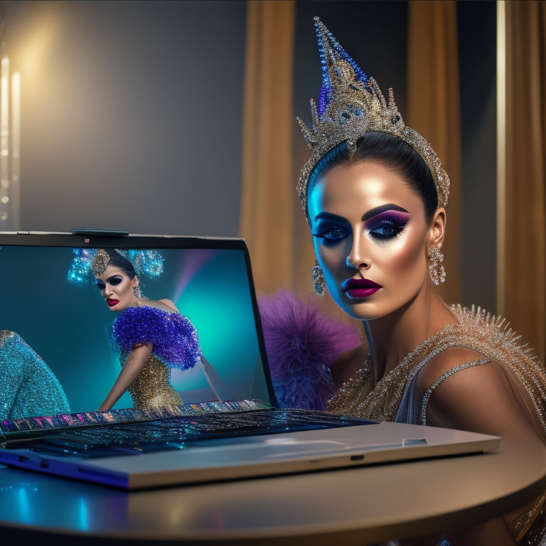 A glamorous dancer in a sparkling costume, surrounded by makeup brushes, eyeshadow palettes, and a laptop with a tutorial playing, with a mirror reflecting a flawless, stage-ready face.