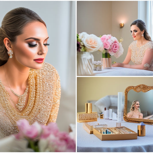 A soft, golden light-filled studio with a bride-to-be sitting in front of a vanity, surrounded by makeup brushes and products, while a skilled artist works on her flawless, natural-looking wedding day makeup.