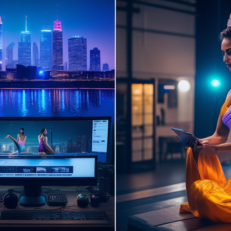 A split-screen image featuring a dancer in a studio on one side, surrounded by laptops, tablets, and smartphones, and a cityscape with digital screens and neon lights on the other.